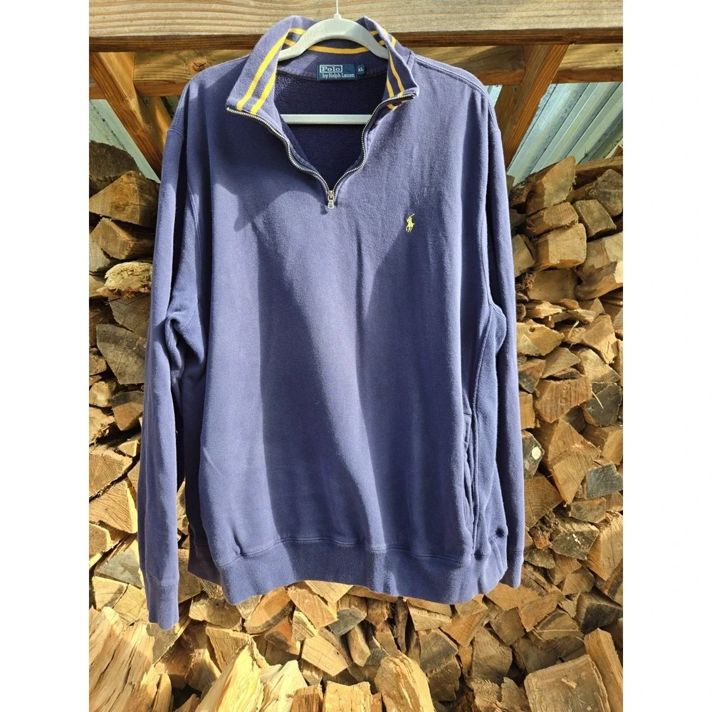 Vintage Polo Ralph Lauren Stripe Collar Quarter Zip Blue Jumper Sweater Men's XL